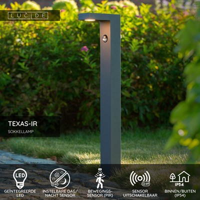 Lucide TEXAS-IR - Sokkellamp - LED - 1x7W 3000K - IP54 - Beweging & dag/nacht sensor (uitschakelbaar) - Antraciet